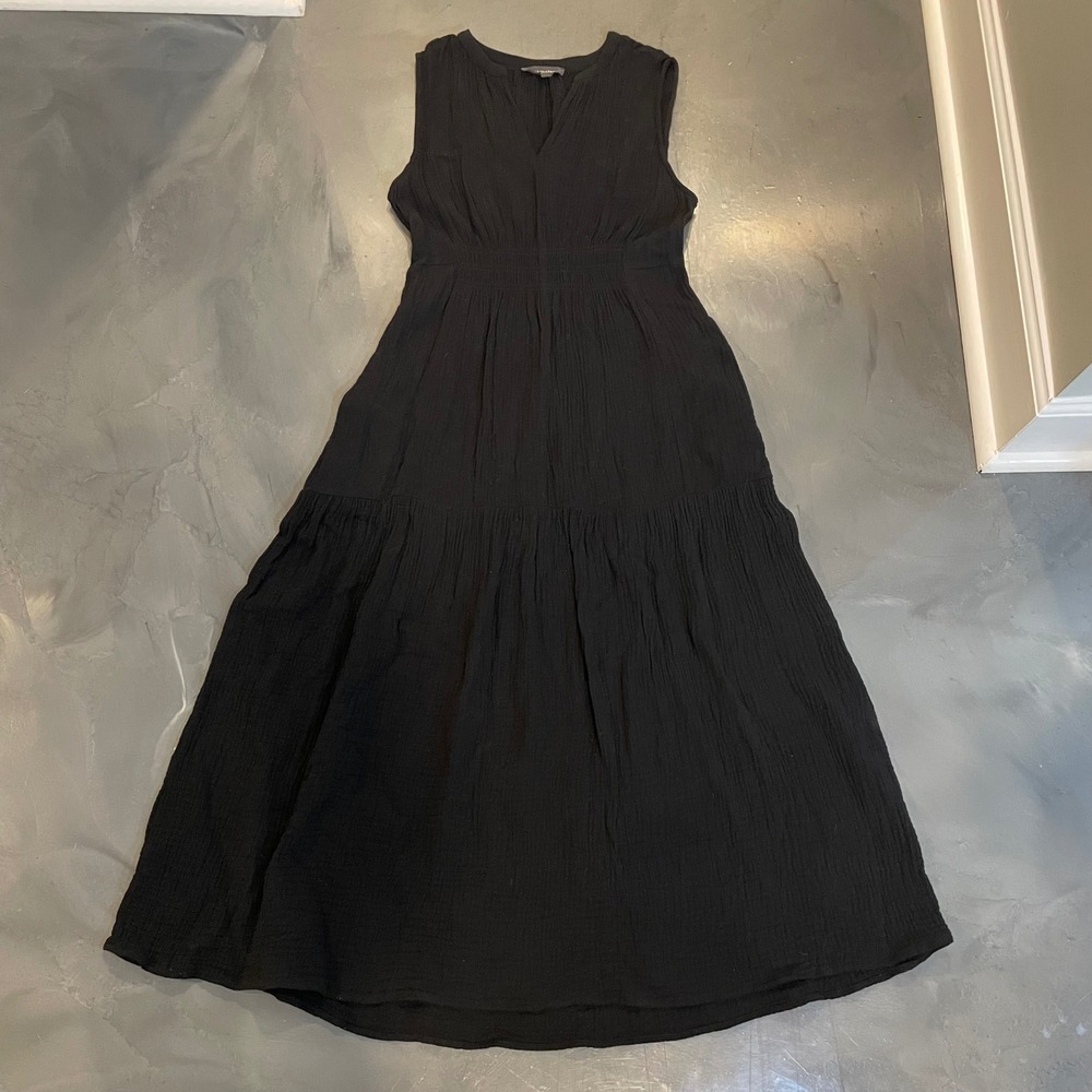 Grade & Gather Black Cotton Double Gauze Tiered Maxi Dress M Smocked Waist